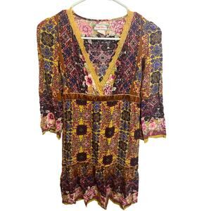 Flying Tomato Boho Floral Y2K Style Flowy Hippie Dress Lace Trim Tunic Dress M